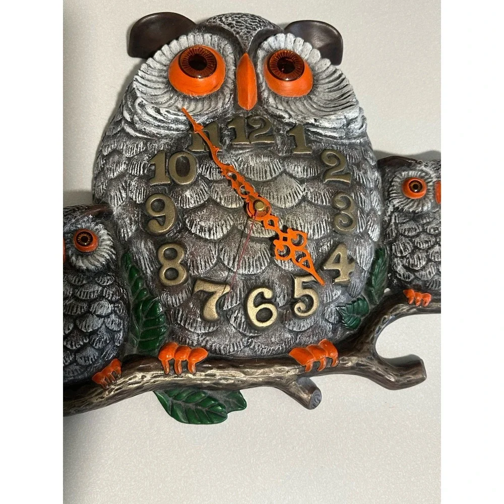 VTG Handmade Ceramic 3 Owl Family On Branch Wall Clock Retro 1975 Boho Works!